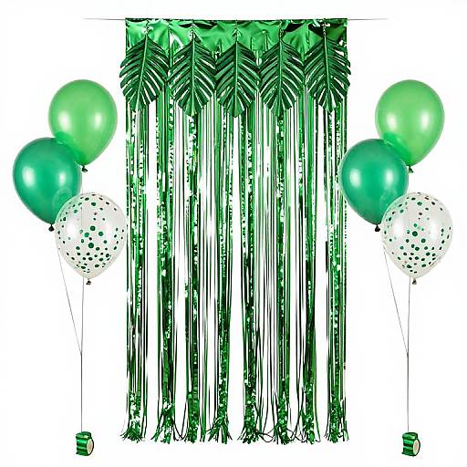 Photograph of green and white balloons with green and white confetti balloons, against a backdrop of green vertical fringe curtains.