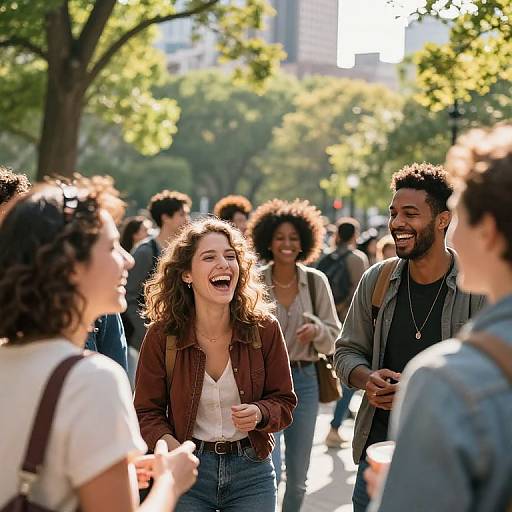 Photograph of laughing group of diverse, young adults in a sunny urban park, wearing casual clothing, with green trees in background.