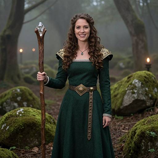 Woman in Medieval Dress with Magical Staff in Misty Forest