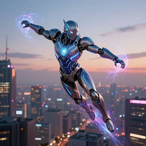 Futuristic AI Superhero Soaring at Dusk