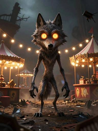 CGI image of a terrifying, glowing-eyed, furry wolf-like creature with long arms and claws standing in a dark, foggy carnival at night,