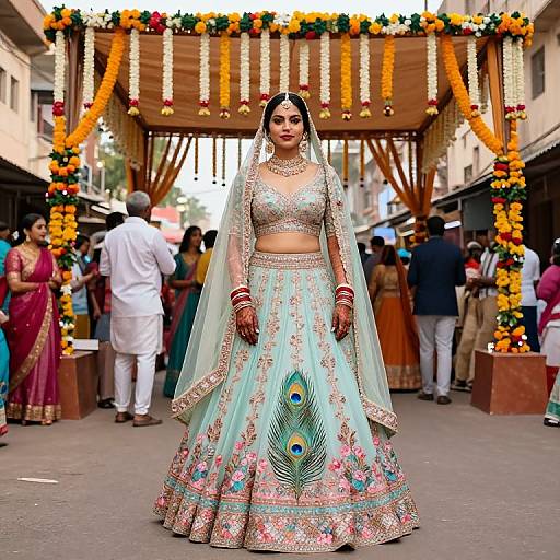 Vibrant Bride in Peacock Feather Lehenga