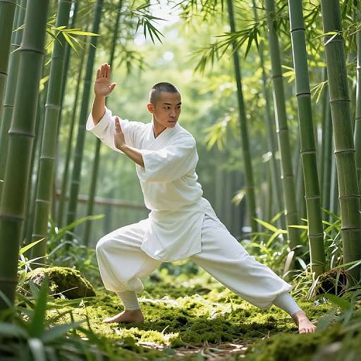 Photograph of an Asian martial artist in a white gi, performing a karate stance in a sunlit bamboo forest. Green bamboo and moss surround him