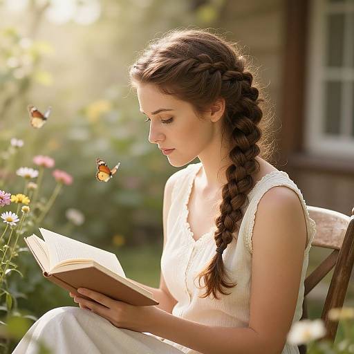 Photograph of a young woman with braided brown hair, wearing a white sleeveless dress, reading a book outdoors while butterflies flutter around her, surrounded