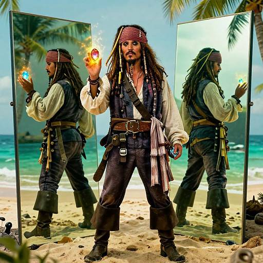 Digital illustration of a pirate with long hair, red bandana, and white shirt, holding a glowing gem, reflected in two mirrors on a tropical beach