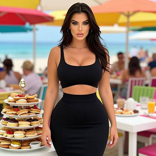 Photograph of a curvy woman with long black hair, wearing a black crop top and high-waisted skirt, standing in a colorful beachside