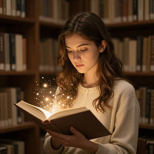 Photograph of a young woman with long brown hair, wearing a cream sweater, reading a book with glowing magical sparks in a dimly lit library.