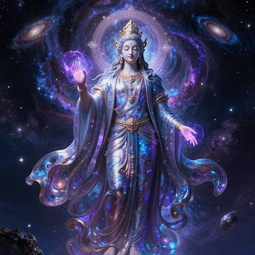Digital artwork of a celestial goddess with glowing blue and purple robes, holding a purple orb, surrounded by galaxies and stars.