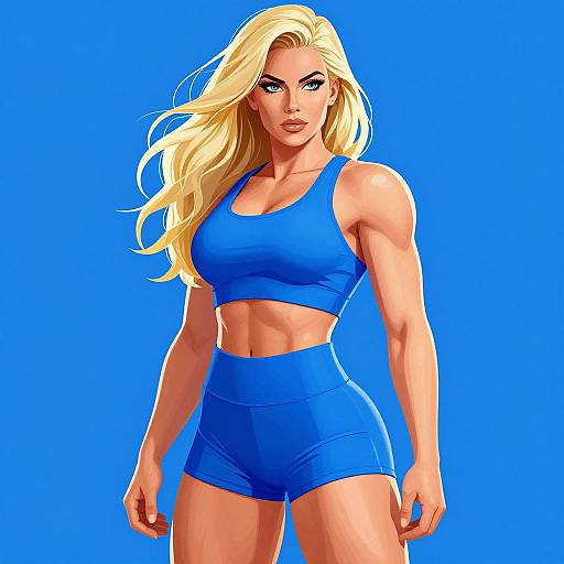 Digital illustration of a muscular blonde woman with blue eyes, wearing a blue sports bra and high-waisted blue shorts, standing against a bright blue background
