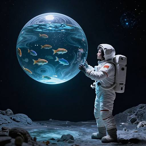 Astronaut Touching Suspended Water Sphere
