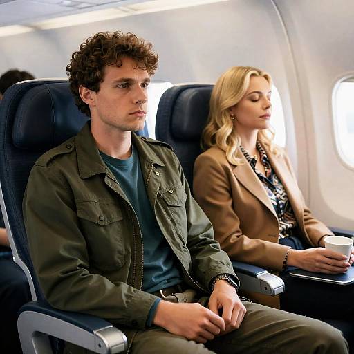 Two passengers seated in airplane cabin