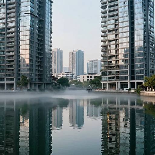 Photograph of a modern urban waterfront with two tall glass buildings flanking a mist-covered canal, reflecting cityscape in the still water.