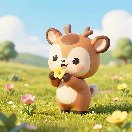 Cute Cartoon Fawn Holding Flower in Spring Meadow