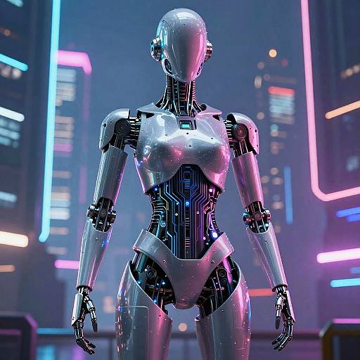 CGI image of a futuristic, silver metallic female robot with glowing neon lights in a cyberpunk cityscape background.