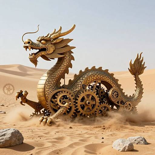 Digital artwork of a golden dragon with gear-like scales, roaring in a desert with sand clouds and rocky foreground. Bright blue sky.
