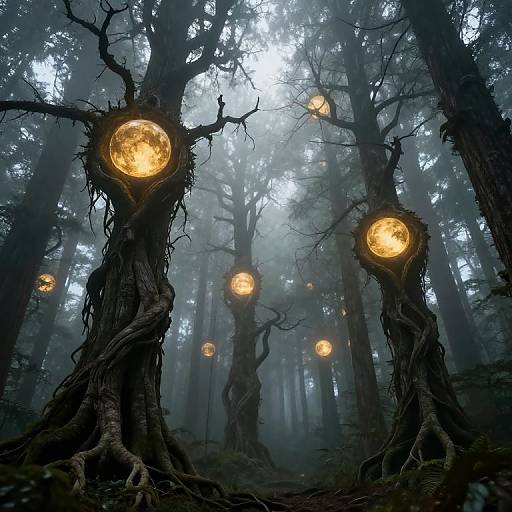 Mysterious forest photograph with twisted, gnarled trees featuring glowing, orb-like moonlights embedded in their trunks, shrouded in mist.