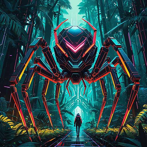 Neon Crystal Spider Mech in Neon Rainforest