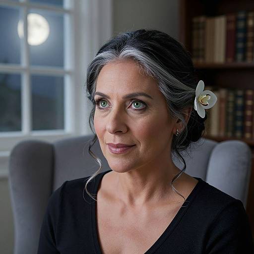 Photograph of a middle-aged woman with gray and black hair, green eyes, and a white flower hairpin, smiling gently in a dimly lit