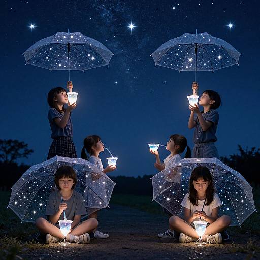 Photograph of five East Asian children holding glowing lanterns and transparent starry umbrellas at night, sitting and standing in a dark, starry field