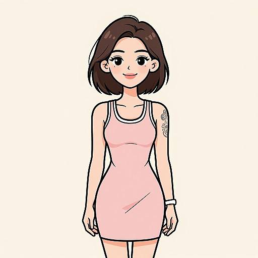 Digital anime-style illustration of a young woman with short brown hair, wearing a pink sleeveless dress, smiling, with a tattoo on her right arm.