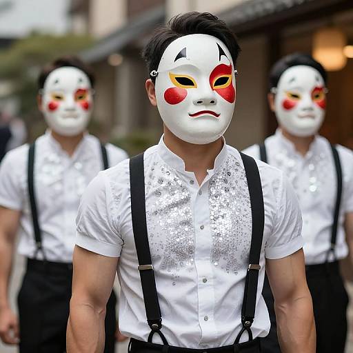 Photograph of four Asian men wearing white masks with red and yellow makeup, white shirts, black suspenders, standing outdoors.