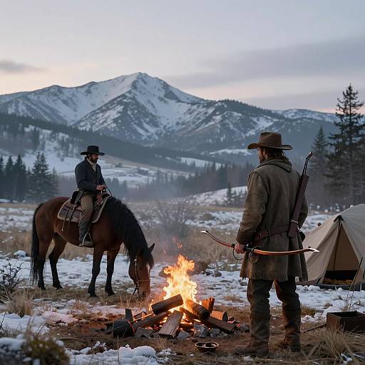 Cinematic Cowboy Campfire in Winter