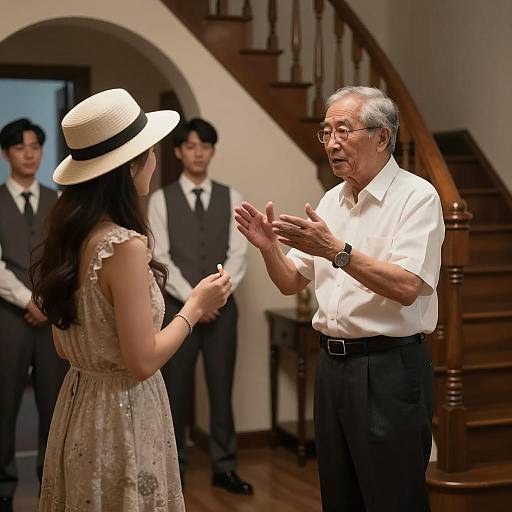 Elderly Man Gesturing in Dimly Lit Room