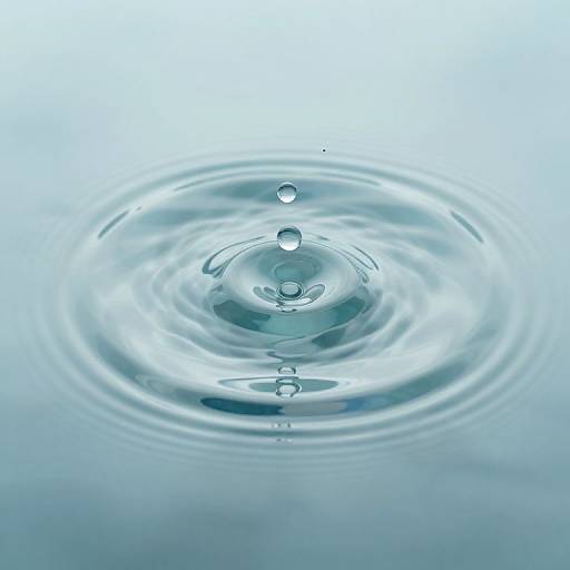 Photograph of a clear water drop splashing into a calm surface, creating concentric ripples with three distinct water droplets in the center. Background