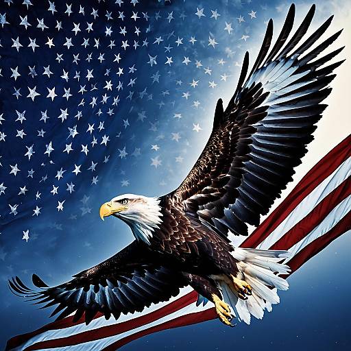 Majestic Bald Eagle Soaring with American Flag