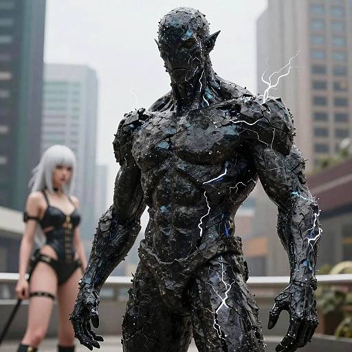 Photorealistic CGI: Muscular, dark, electricity-tinged statue of an elven warrior in foreground, silver-haired woman in black lingerie stands