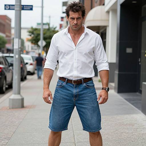 Photograph of a muscular man with short dark hair, wearing a white button-up shirt and blue denim shorts, standing on a city sidewalk with cars and