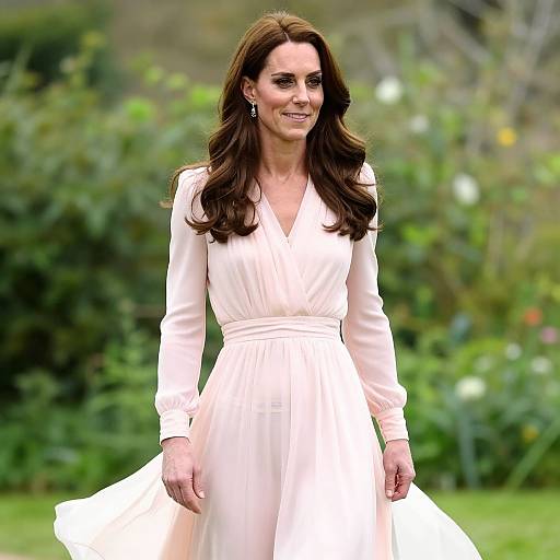 Photograph of a smiling woman with long brown hair, wearing a white, long-sleeve V-neck dress, standing outdoors against a blurred green garden