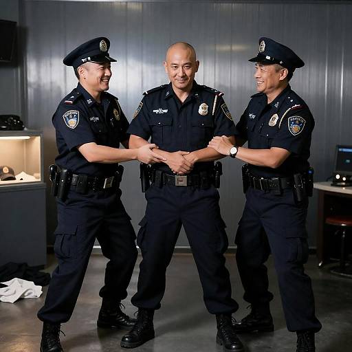 Playful Police Trio in Dim Metallic Room