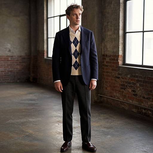 Photograph of a young man with short brown hair, wearing a navy blazer, diamond-patterned sweater, and dark pants, standing in a dim