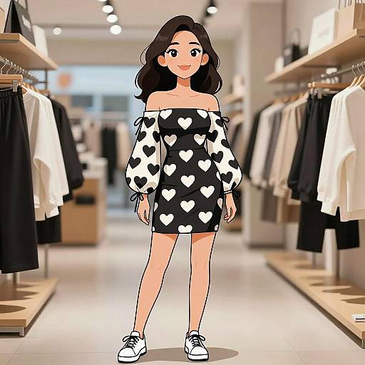 Digital cartoon of a smiling woman with dark hair, wearing a black off-shoulder dress with white hearts, cow-print sleeves, and white sneakers,