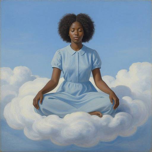 Photorealistic painting of a serene Black woman with natural afro, wearing light blue dress, sitting cross-legged on white clouds against bright blue sky.