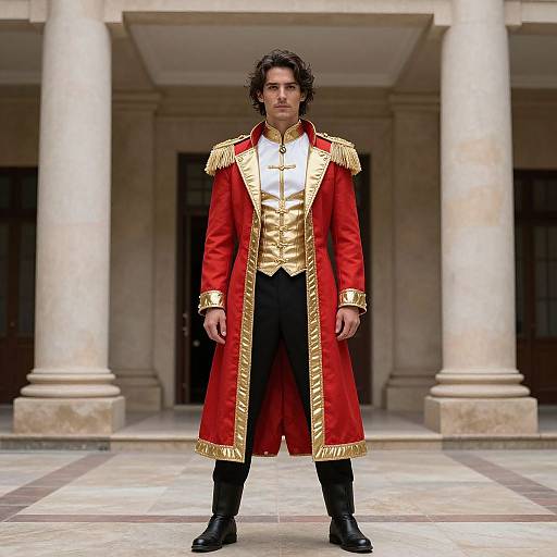 Photograph of a man with curly dark hair, wearing a red and gold military-style coat, black pants, and boots, standing in front of a