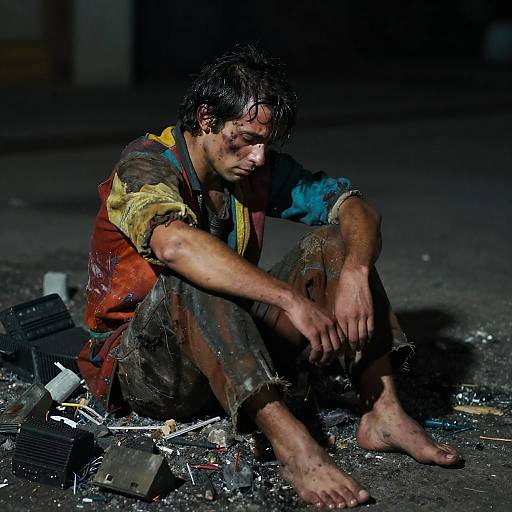 Melancholic Street Performer Amid Ashes