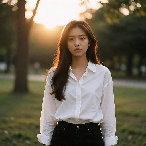 Photograph of an Asian woman with long black hair, wearing a white blouse and black skirt, standing in a sunlit park. Golden sunlight filters through