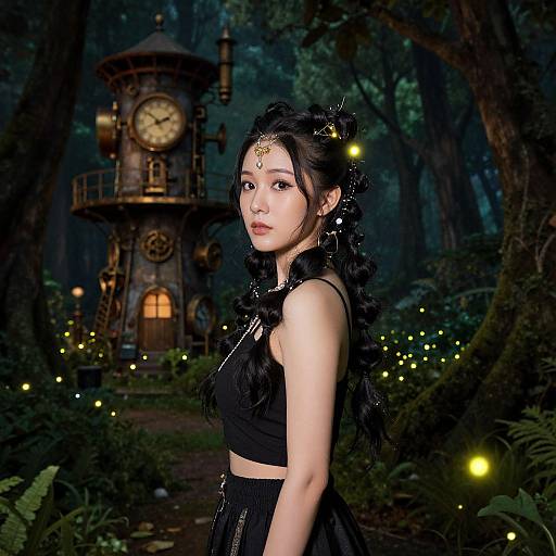 Photograph of an Asian woman with black hair, wearing a black crop top and skirt, adorned with a golden headpiece, in a dark, enchanted