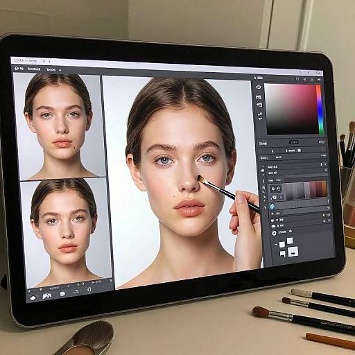 Photograph of a digital drawing tablet displaying a portrait of a fair-skinned woman with dark brown hair, three views, adjusting her nose with a pencil