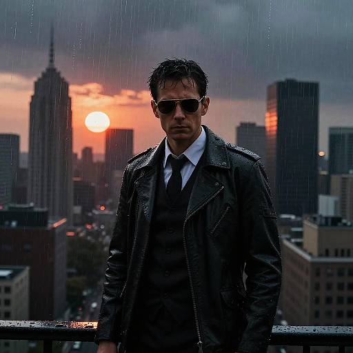 Photograph of a serious man in a black leather jacket, white shirt, and tie, wearing sunglasses, standing on a rainy rooftop at sunset with a