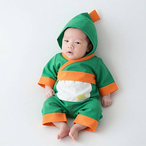 Photograph of a baby in a green and orange elf costume, sitting against a white background, wearing a white diaper with a yellow graphic.