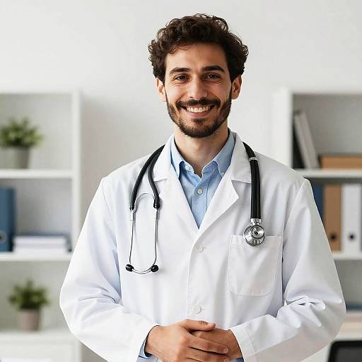 Photograph of a smiling, curly-haired, bearded male doctor in a white lab coat with a stethoscope, standing in a bright, modern
