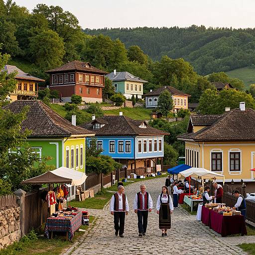 Colorful village market on cobblestone street, with people in traditional attire, wooden houses, and stalls under umbrellas, set against lush green hills