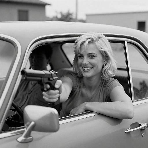 Smiling Woman Pointing Gun from Vintage Car