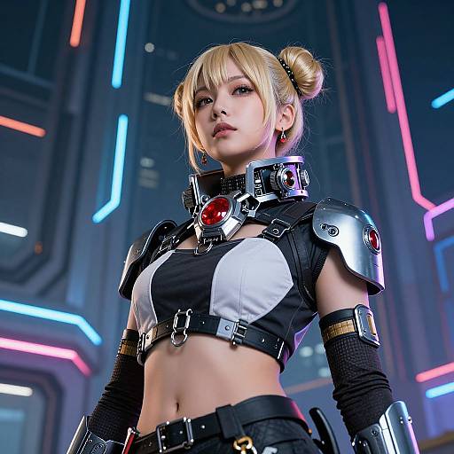 CGI image of a blonde woman in futuristic armor with metallic shoulders, black and white top, and neon-lit background.