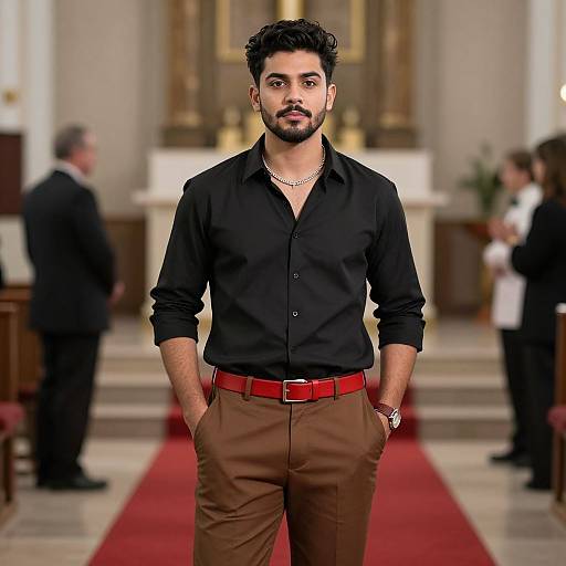 Photograph of a handsome, bearded South Asian man with dark hair, wearing a black shirt, brown pants, and red belt, standing confidently in