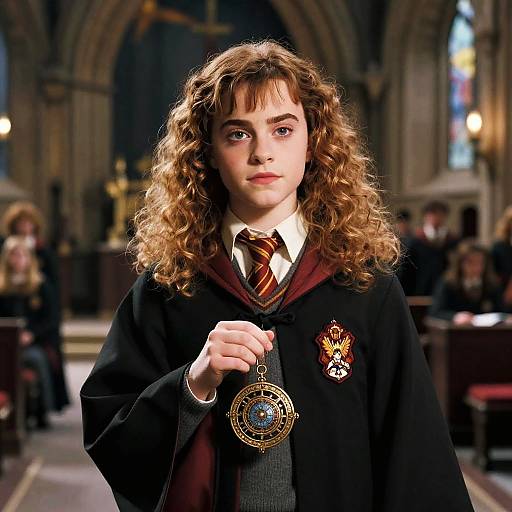 Photograph of a young woman with curly brown hair, wearing a Hogwarts school robe and striped tie, holding a magical pendant in a dimly lit cathedral
