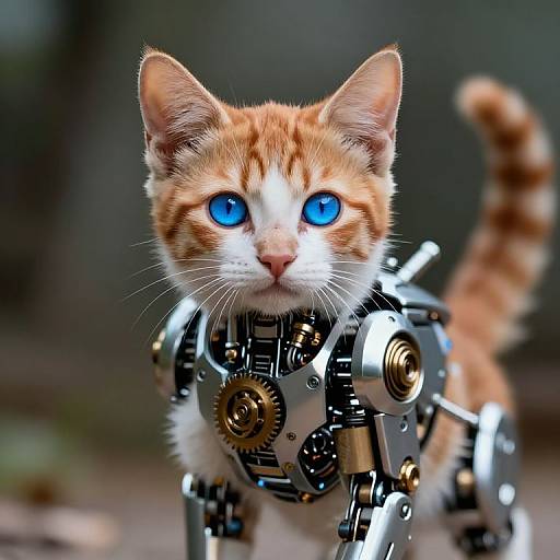 Photograph of a ginger cat with striking blue eyes, wearing a robotic exoskeleton, blending organic and mechanical elements in a blurred outdoor setting.